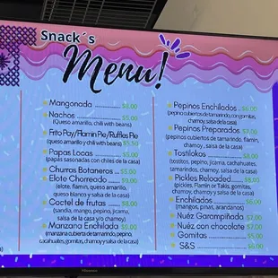 Snack menu