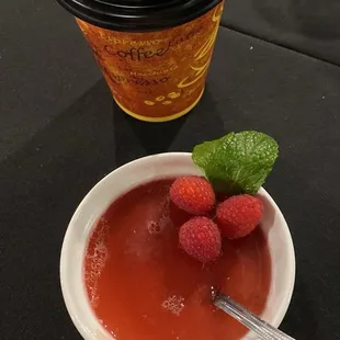Panna cote, raspberry garnished with mint and cafe de Ollio Coffee/hint of cinnamon.  A true  treat.