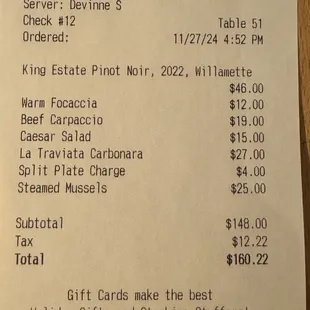 We got charged for a split plate (that we didn&apos;t ask to be split. I don&apos;t love that.