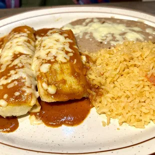 No. 8 Enchilada, Tamale, Rice and Beans