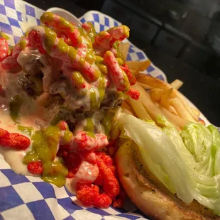Our smother smash burger, with our home made queso