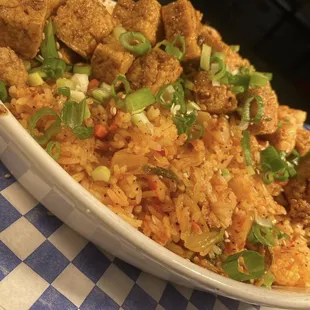 Our tofu bowl with kimchi fried rice, great vegan option