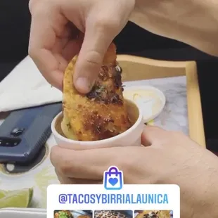 Crunchy birria and cheese taco dipping on broth because that's the best way to eat them!!