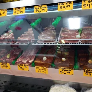 a display case of meat