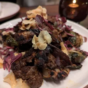 Lion&apos;s mane mushrooms with brussel sprouts and potatos