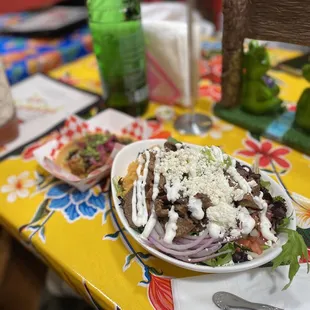 Pork taco and steak bowl
