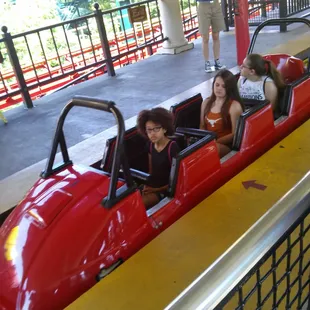 Inline seating configuration, typical for a bobsled coaster