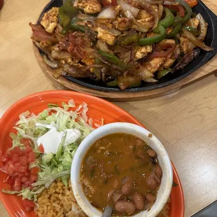Chicken fajitas.  Sub charro beans.