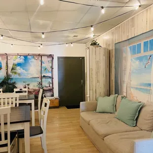 a living room and dining area