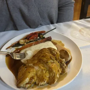 My friend's chicken that came with a brown sauce and Gorgonzola mashed potatoes.