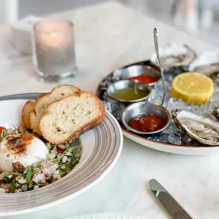 Rock shrimp burrata and half dozen oysters