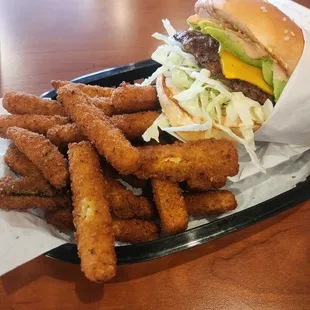 Avocado burger with zucchini fries.