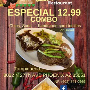 Carne asada con enchiladas mole y guacamole