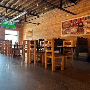 a dining room with tables and chairs