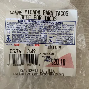 a label on a bag of beef tacos