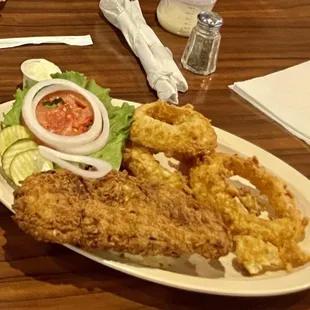 Pork tenderloin and onion rings, both hand breaded!