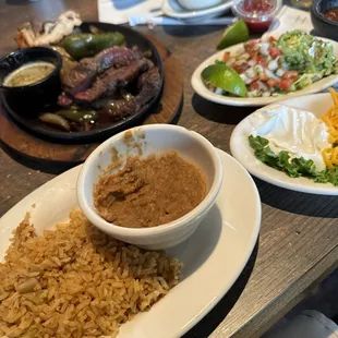 Beef and chicken fajitas; white queso