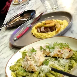 Top: Duck with polenta entree Bottom: rigatone with pesto