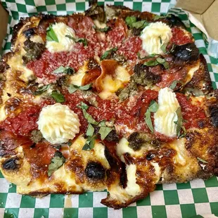 Spicy honey pepperoni and chorizo ricotta cheese ! Fire!