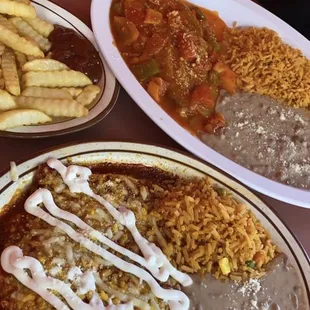 Enchiladas rice beans and Chile Relenos rice beans