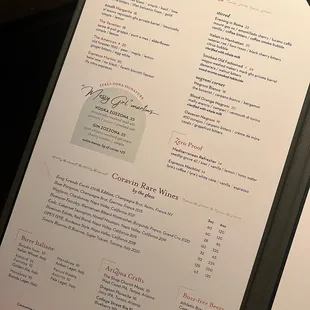 Cocktails and drinks menu