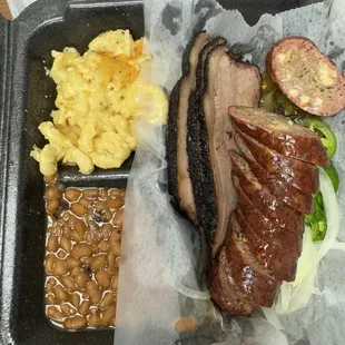 Sausage/Brisket, Mac/cheese, beans