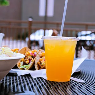 a drink and a plate of food