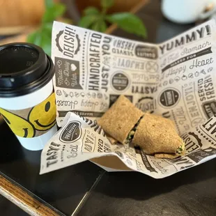 White Satin Mocha and Spinach, Egg Whites, and Feta Breakfast Wrap