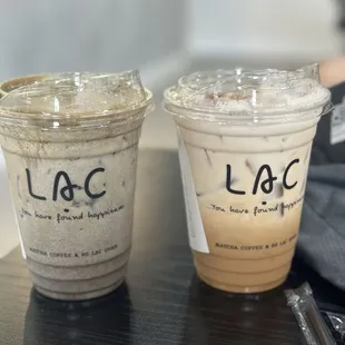 Hojicha w hojicha cream (fun!) and house cream coffee