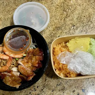 Mì Khô (dry noodles with shrimp, fried chicken, quail eggs); Xôi Ngọt (sweet sticky rice with mung beans, coconut, and ground peanuts)