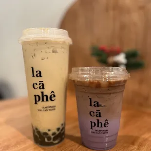 Left: house milk tea Right: ube latte