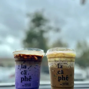 Ube coffe and coffee with egg cream. Yum