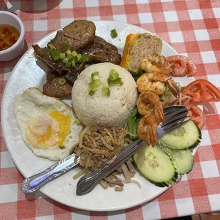 Grilled Pork with rice, egg cake, shredded pork, and shrimp! #48