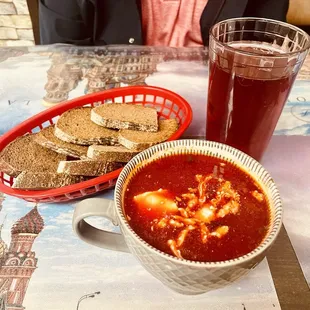 Red borscht, homemade compote, and their fabulous dark rye bread