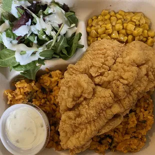 Catfish plate with gandule rice