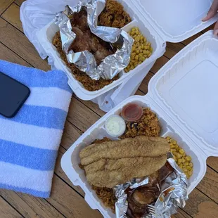 Fried catfish, spicy garlic shrimp, cajun garlic shrimp, puerto rican rice