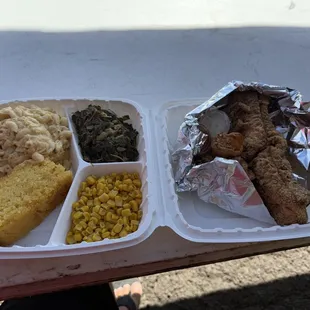 Cat Fish with Collard Greens, Corn, Mac n Cheese and Corn Bread