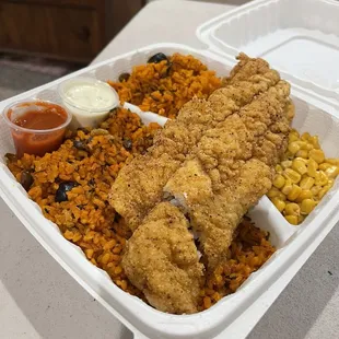 Catfish and gandule rice with seasoned corn
