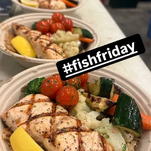 Grilled salmon rice bowl sub cooked veg