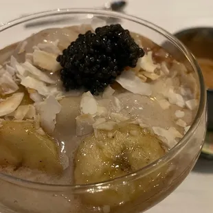 Banana Foster with caviar, too soupy and all the components are bit of a mess, 3/5