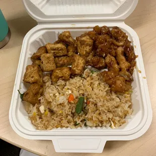 Tofu and sesame chicken with fried rice