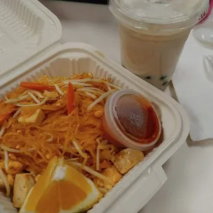 Pad Thai tofu with boba milk tea