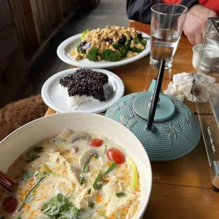 Tom Kha, Side of Rice, Thai Grilled Eggplant(in back)