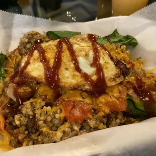 a closeup of a meal in a basket