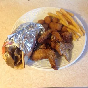 Gyro, wings, okra and fries