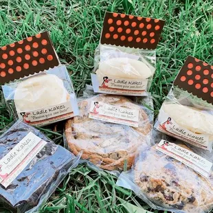 Vegan brownie, chicly chocolate chip cookie, oatmeal cranberry cookie, orange and lemon whoopie pies.