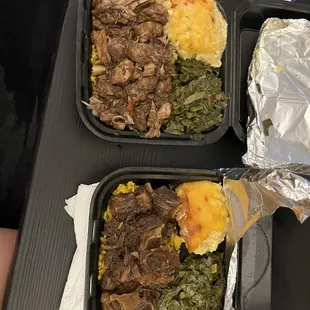 Turkey wings and oxtails. No meat in the greens. Rice under meat.