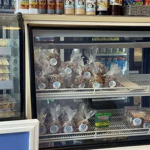a display case filled with food