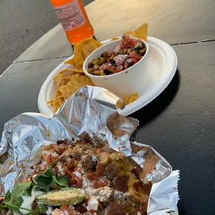 Carne Asada Tots. Black bean and roasted corn.