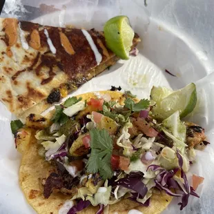 Pineapple salsa salmon taco and vegetarian quesadilla!